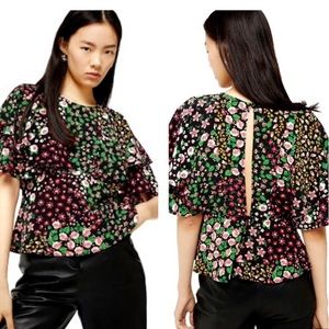 Topshop Austin Patch Floral Tea Top in Black Multi Ruffle Open Back Size 4